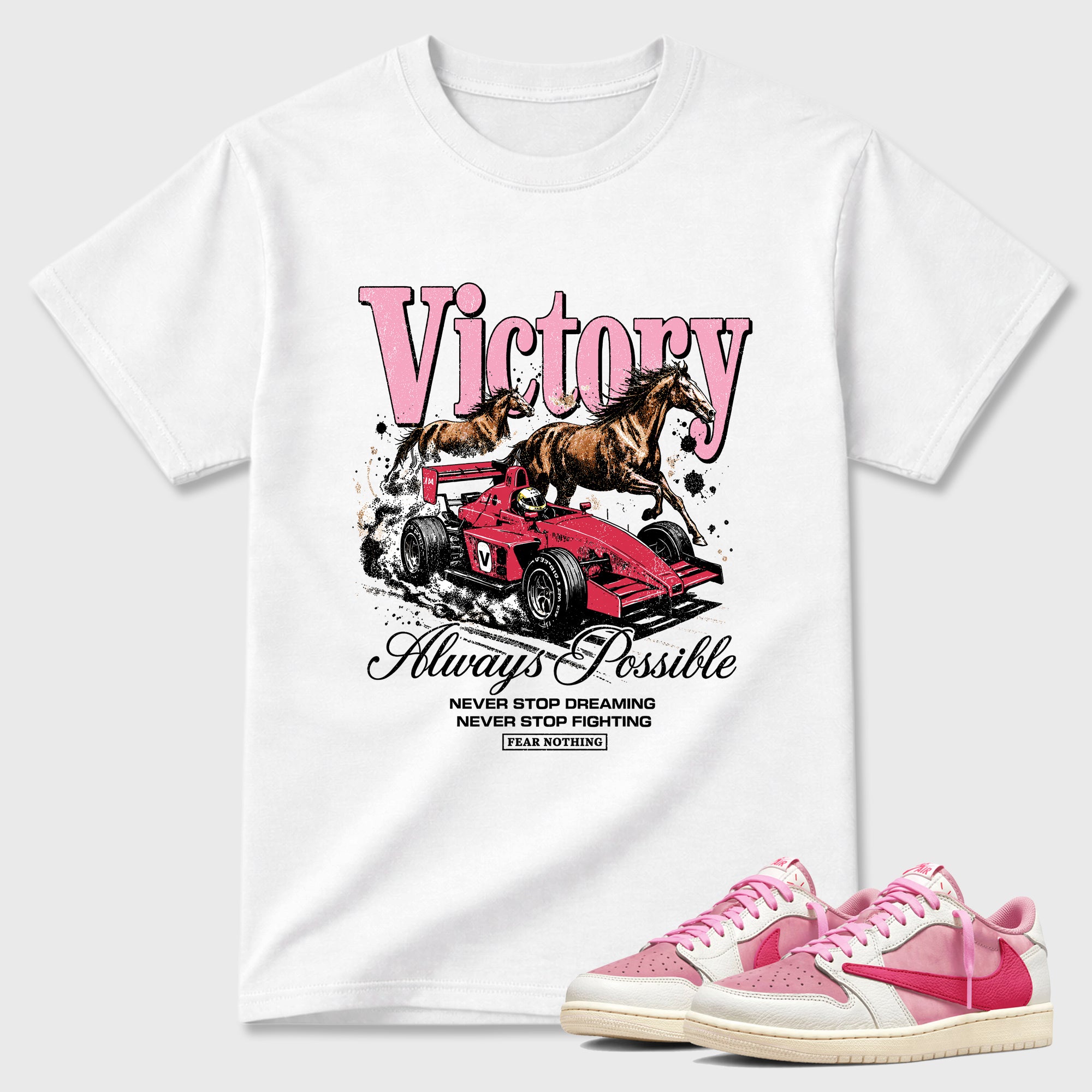 Always Possible Graphic T-Shirt sneaker match tee designed for the Air Jordan 1 Travis Scott Tropical Pink, featuring coordinated color options for a perfect streetwear match. White 1 shirt.