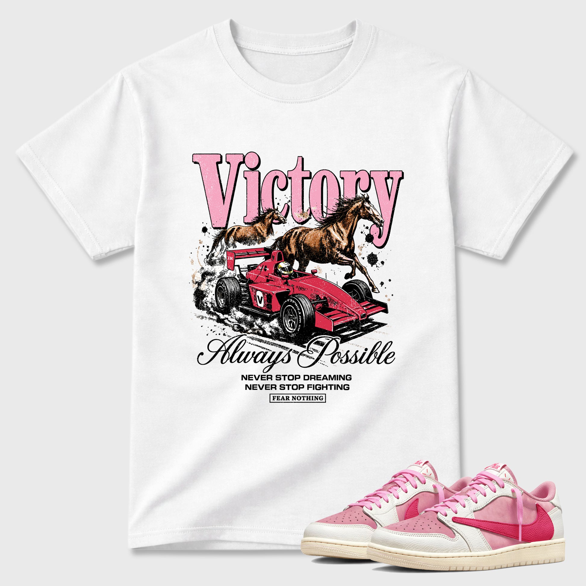 Always Possible Graphic T-Shirt sneaker match tee designed for the Air Jordan 1 Travis Scott Tropical Pink, featuring coordinated color options for a perfect streetwear match. White 1 shirt.