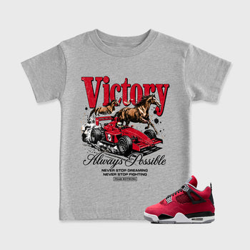 Always Possible affordable baby and kids t-shirt designed to match the Air Jordan 4 Toro Bravo, featuring coordinated Heather Grey 1 options for the perfect little sneakerhead streetwear look.