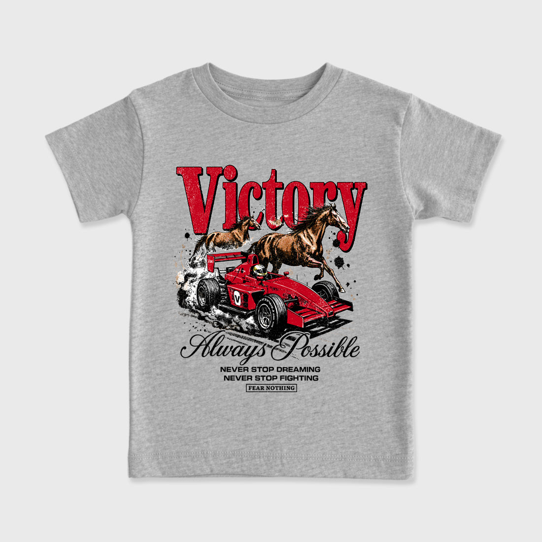 Always Possible affordable baby and kids t-shirt designed to match the Air Jordan 4 Toro Bravo, featuring coordinated Heather Grey 2 options for the perfect little sneakerhead streetwear look.