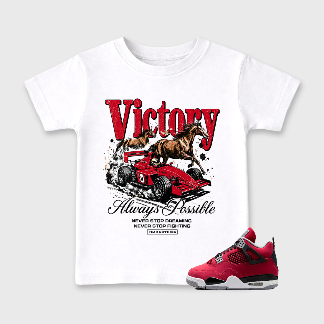 Always Possible affordable baby and kids t-shirt designed to match the Air Jordan 4 Toro Bravo, featuring coordinated White 1 options for the perfect little sneakerhead streetwear look.