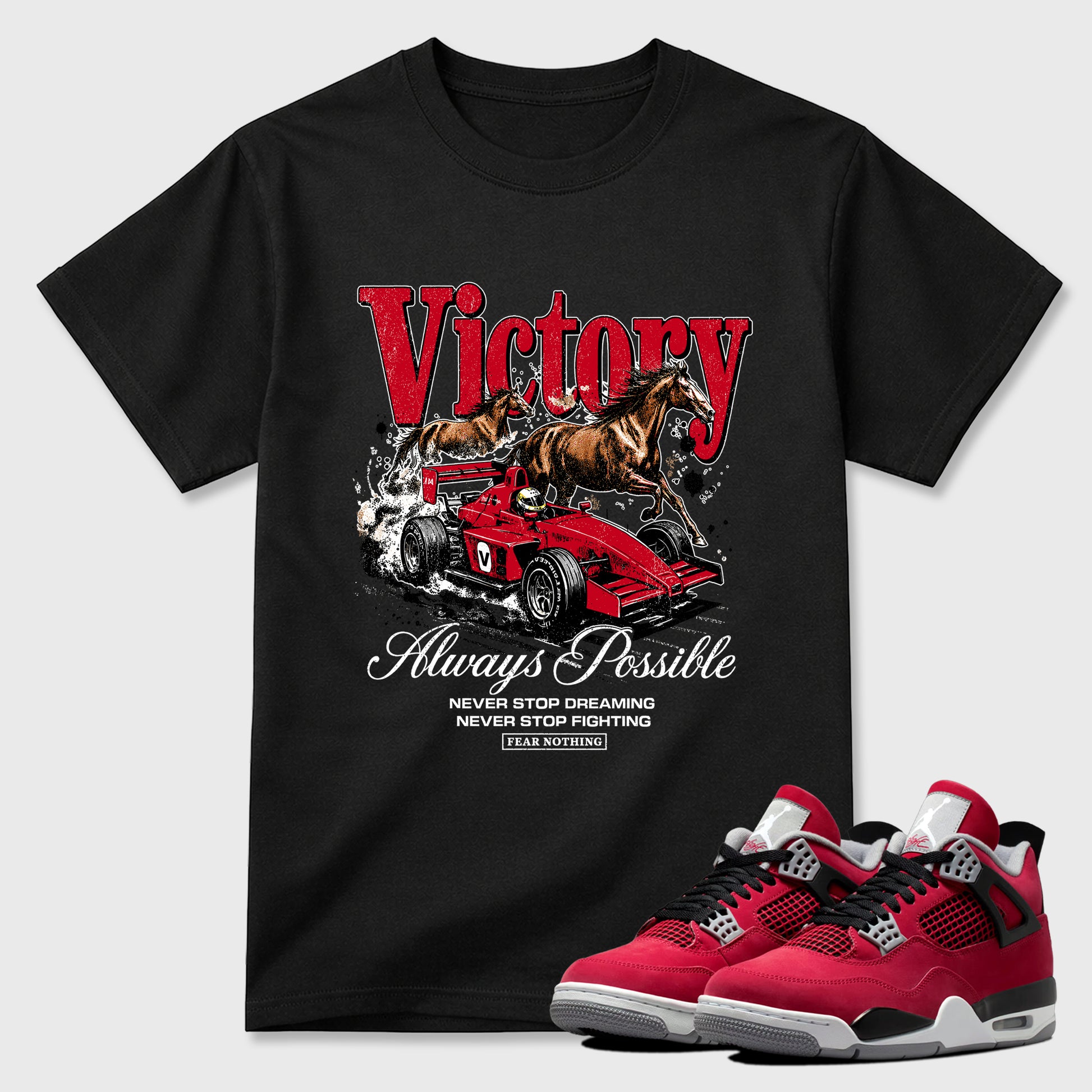 Always Possible Graphic T-Shirt sneaker match tee designed for the Air Jordan 4 Toro Bravo, featuring coordinated color options for a perfect streetwear match. Black 1 shirt.
