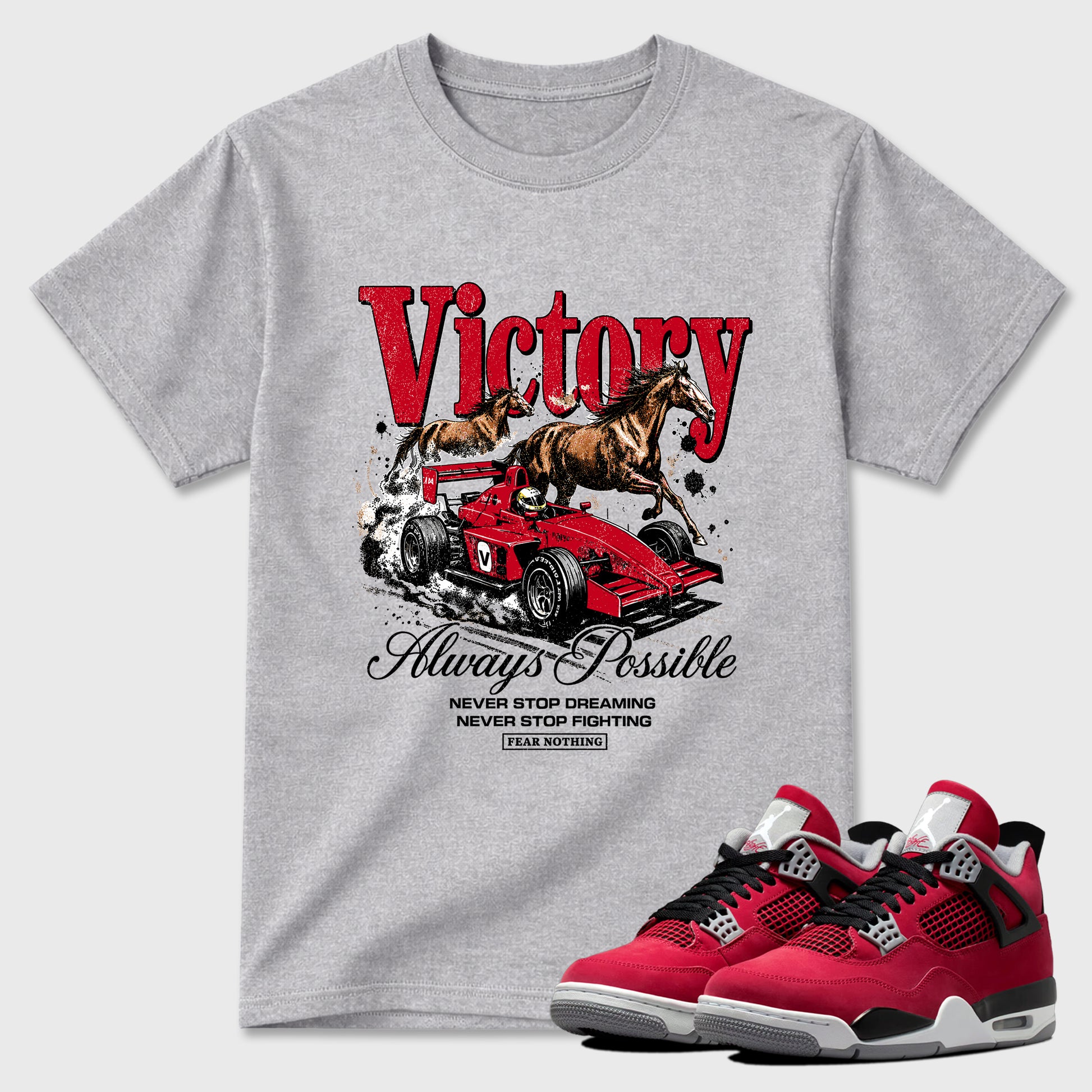 Always Possible Graphic T-Shirt sneaker match tee designed for the Air Jordan 4 Toro Bravo, featuring coordinated color options for a perfect streetwear match. Heather Grey 1 shirt.