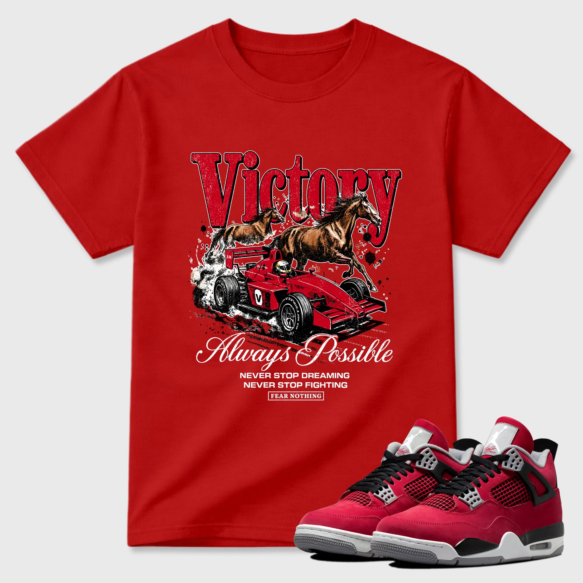 Always Possible Graphic T-Shirt sneaker match tee designed for the Air Jordan 4 Toro Bravo, featuring coordinated color options for a perfect streetwear match. Red 1 shirt.