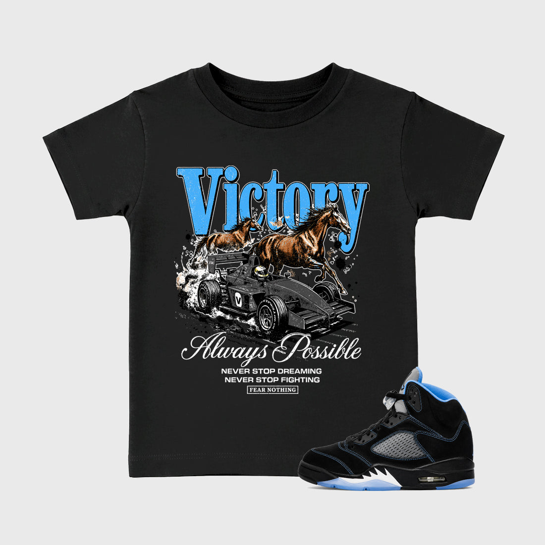 Always Possible affordable baby and kids t-shirt designed to match the Air Jordan 5 Black Carolina, featuring coordinated Black 1 options for the perfect little sneakerhead streetwear look.