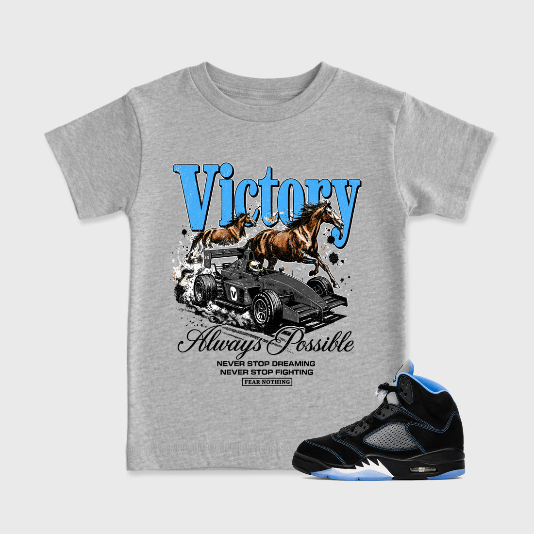 Always Possible affordable baby and kids t-shirt designed to match the Air Jordan 5 Black Carolina, featuring coordinated Heather Grey 1 options for the perfect little sneakerhead streetwear look.