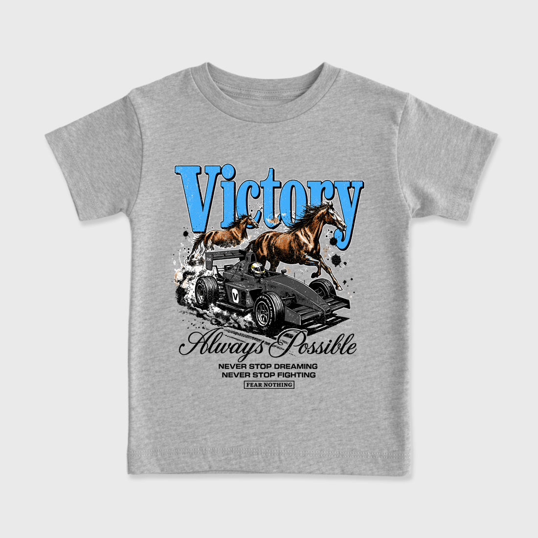 Always Possible affordable baby and kids t-shirt designed to match the Air Jordan 5 Black Carolina, featuring coordinated Heather Grey 2 options for the perfect little sneakerhead streetwear look.