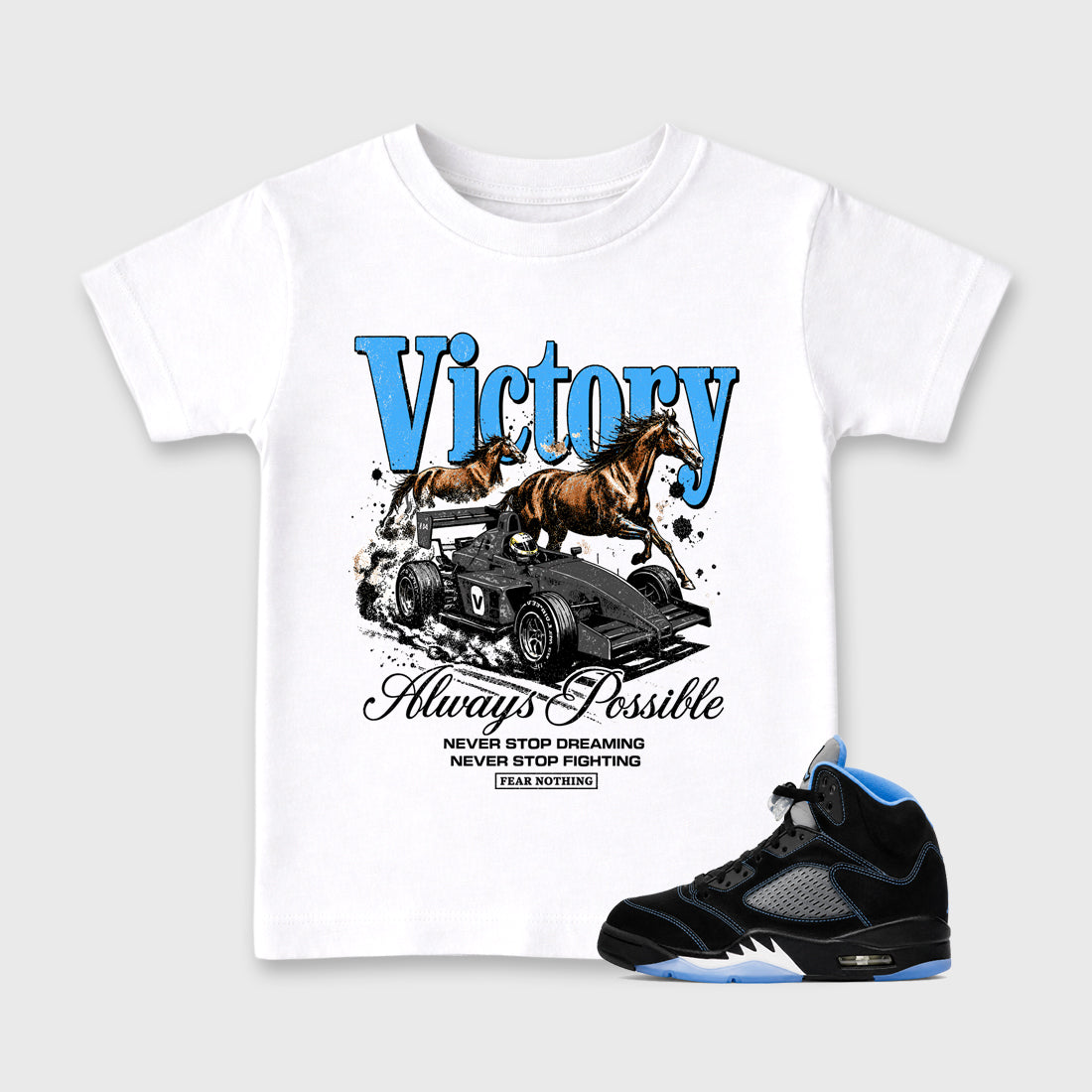Always Possible affordable baby and kids t-shirt designed to match the Air Jordan 5 Black Carolina, featuring coordinated White 1 options for the perfect little sneakerhead streetwear look.