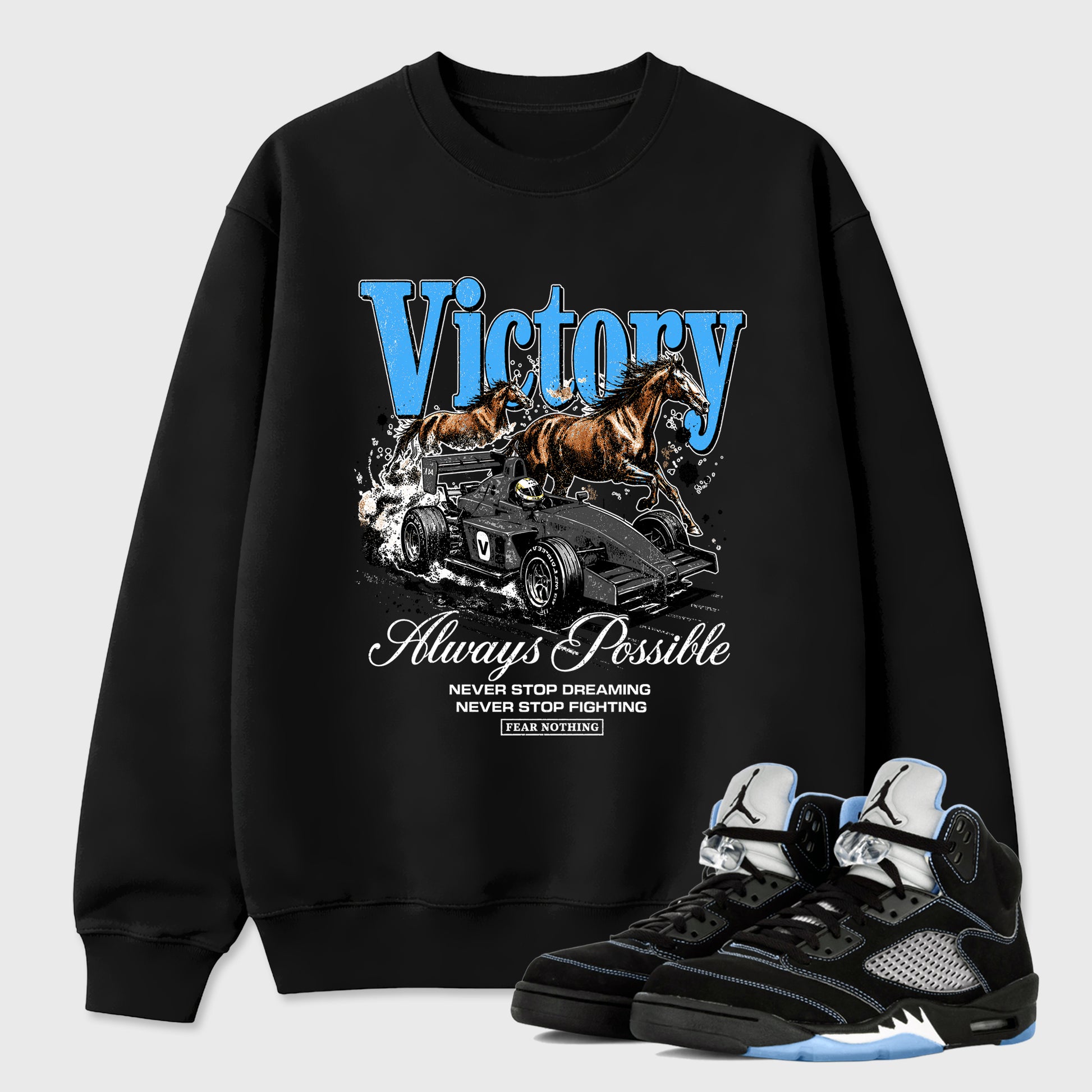 Always Possible Graphic T-Shirt sneaker match tee designed for the Air Jordan 5 Black University Blue, featuring coordinated color options for a perfect streetwear match. Black 1 shirt.