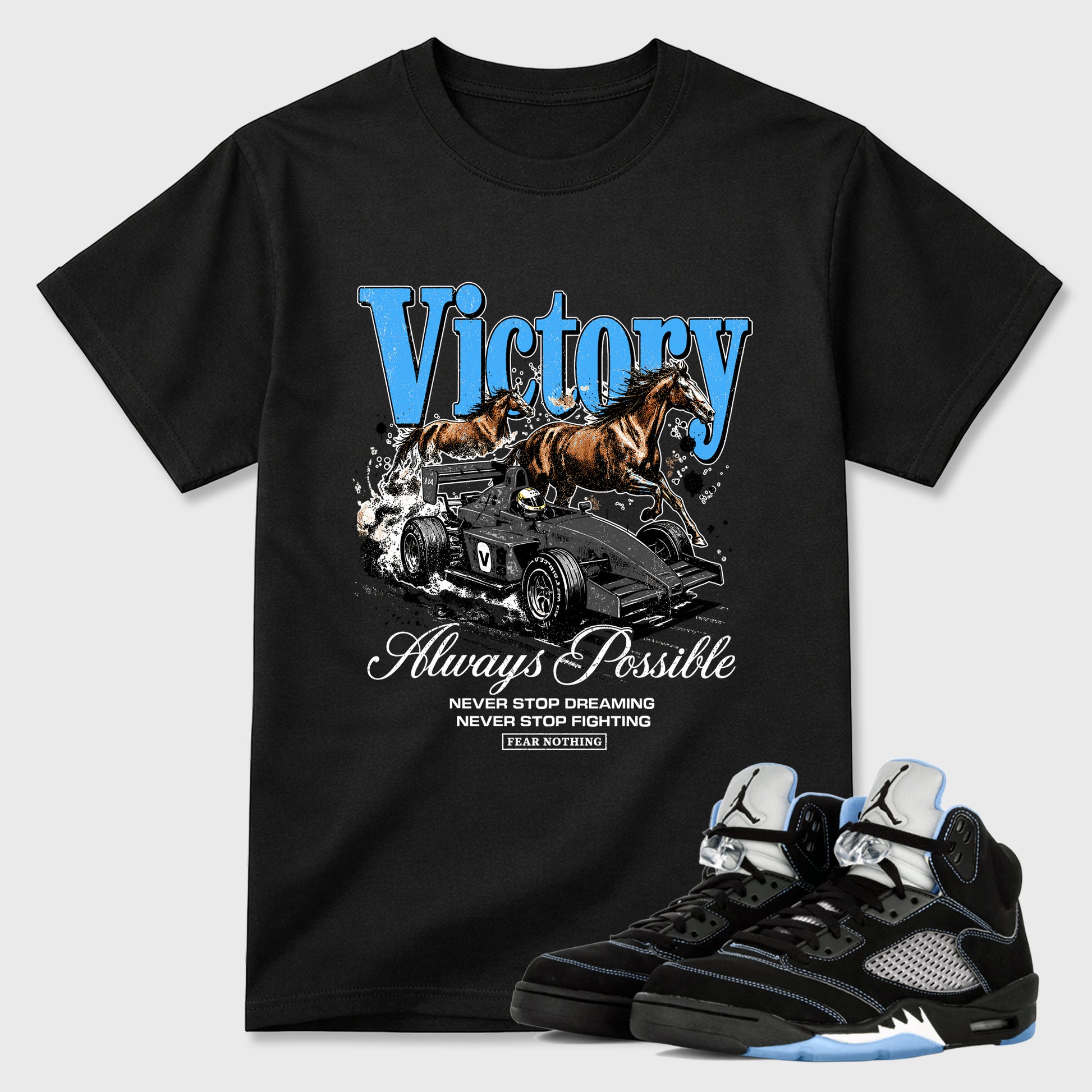 Always Possible Graphic T-Shirt sneaker match tee designed for the Air Jordan 5 Black University Blue, featuring coordinated color options for a perfect streetwear match. Black 1 shirt.