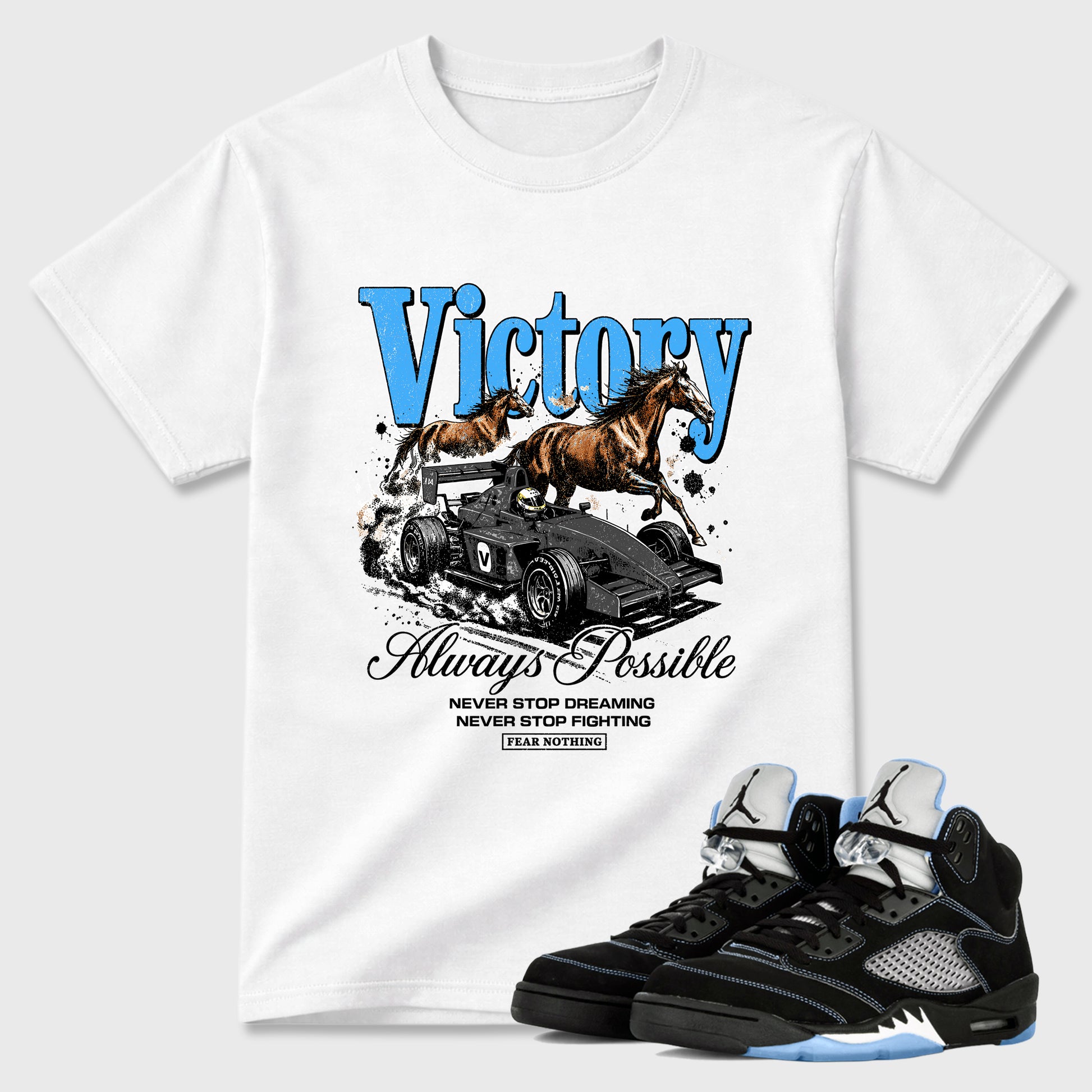 Always Possible Graphic T-Shirt sneaker match tee designed for the Air Jordan 5 Black University Blue, featuring coordinated color options for a perfect streetwear match. White 1 shirt.