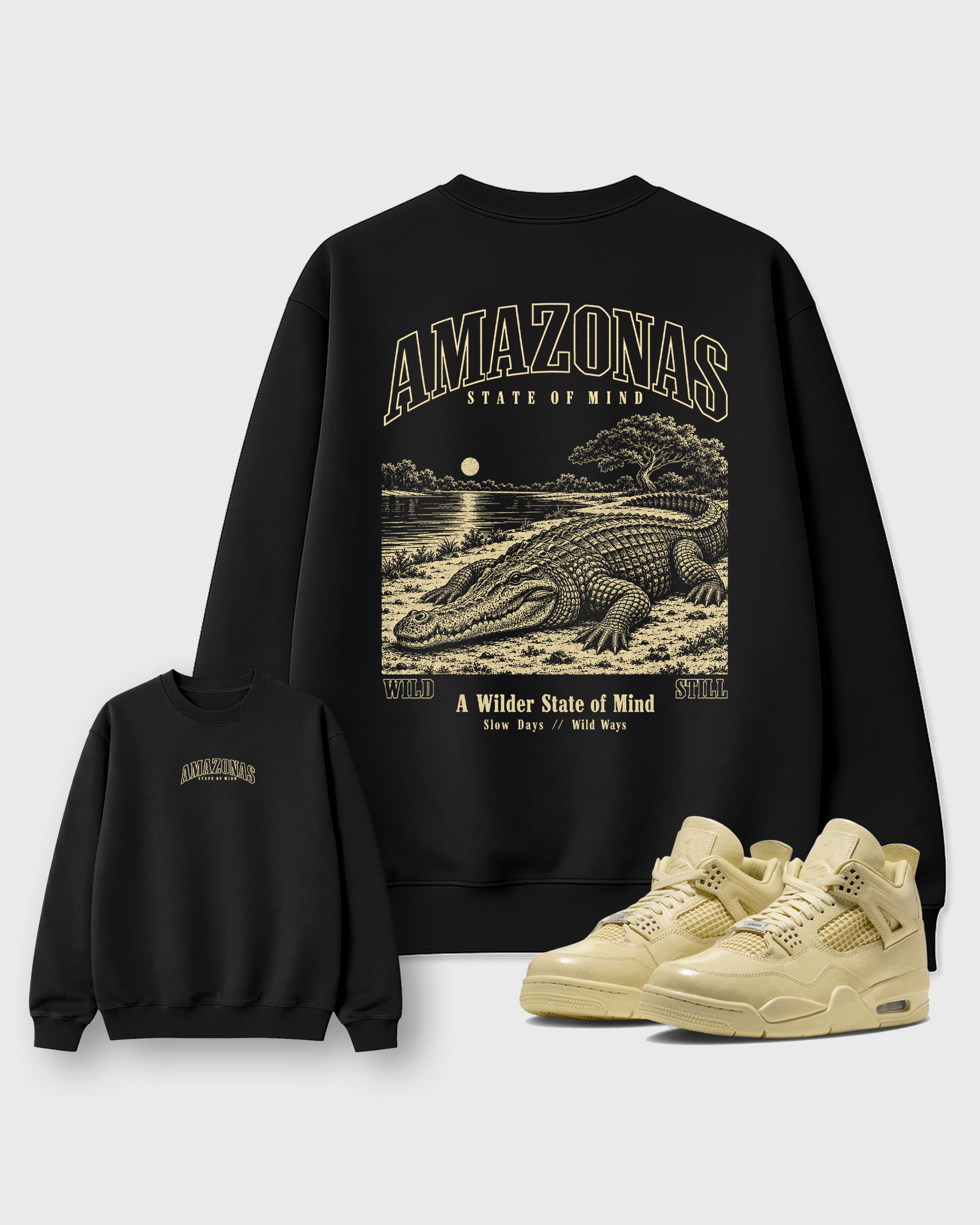 Amazonas State of Mind Black Graphic Sweatshirt - 1, a sneaker matching sweatshirt designed to coordinate with Air Jordan 4 J Balvin 'Amazonas' sneakers for a complete sneaker outfit.