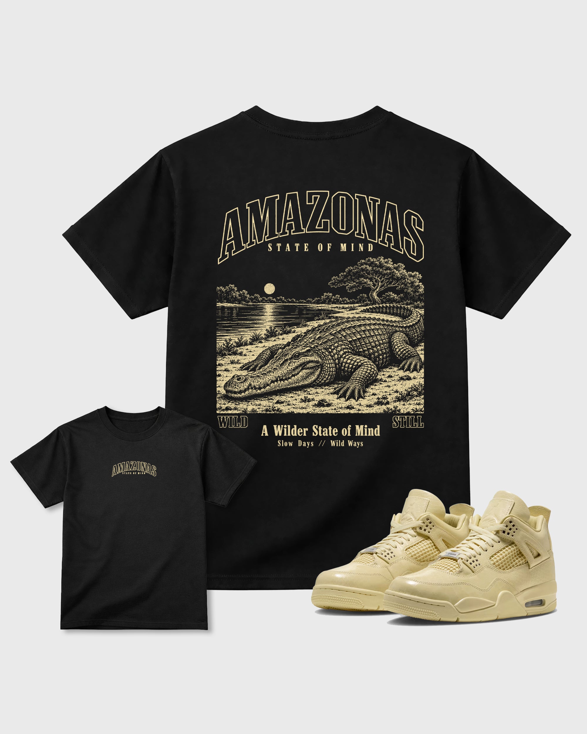 Amazonas State of Mind Black Graphic T-Shirt - 1, sneaker matching tee designed to match Air Jordan 4 J Balvin 'Amazonas' sneakers for a coordinated sneaker outfit.