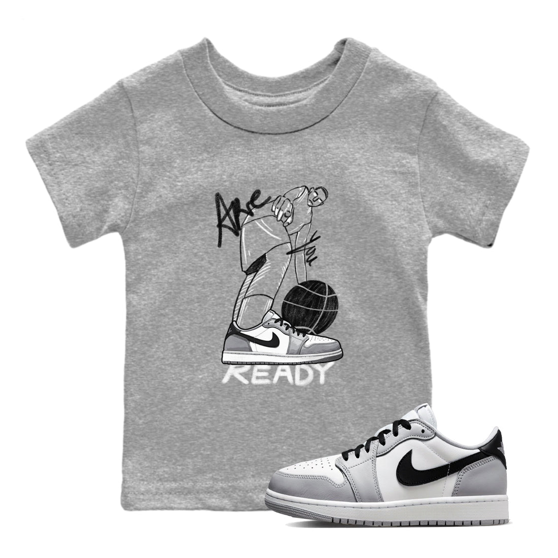 AJ1 Wolf Grey shirts to match jordans Are You Ready sneaker match tees Air Jordan 1 Wolf Grey SNRT Sneaker Tees streetwear brand Baby and Youth Heather Grey 1 cotton tee