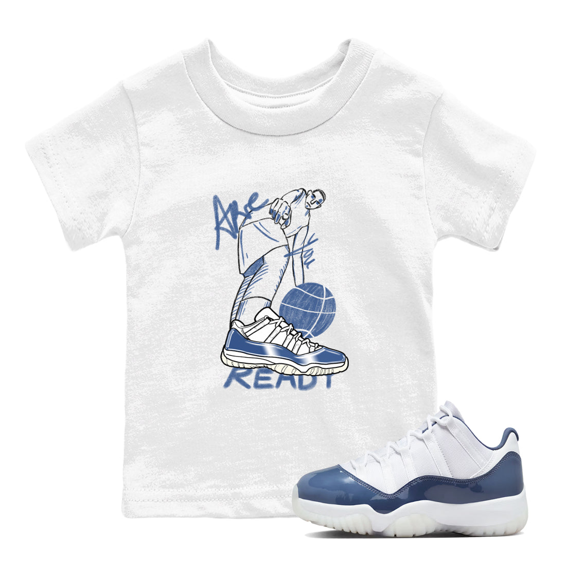 11s Diffused Blue shirts to match jordans Are You Ready sneaker match tees Air Jordan 11 Diffused Blue SNRT Sneaker Release Tees Youth Baby White 1 crew neck shirts