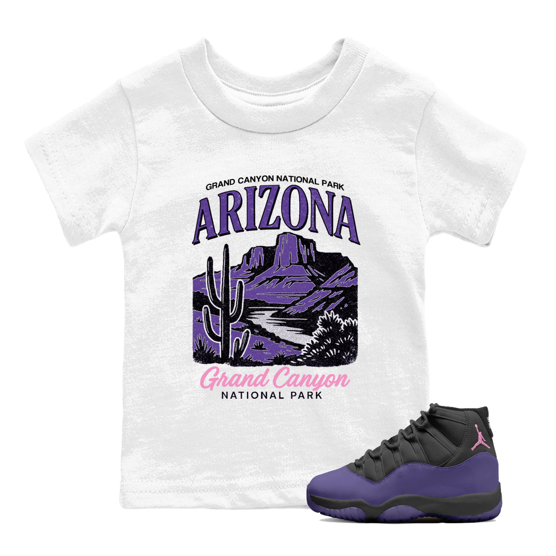Sneaker match tees – Sneaker Tees To Match Air Jordan 11 Canyon Purple Shoes – Arizona Landscape Kids T-Shirt White 1