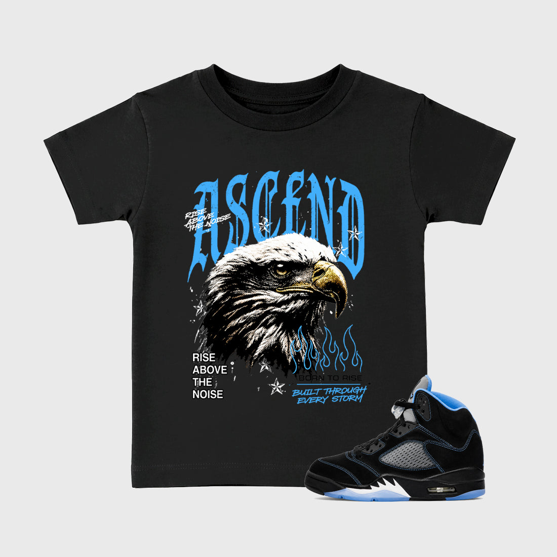 Ascend Beyond affordable baby and kids t-shirt designed to match the Air Jordan 5 Black University Blue, featuring coordinated Black 1 options for the perfect little sneakerhead streetwear look.