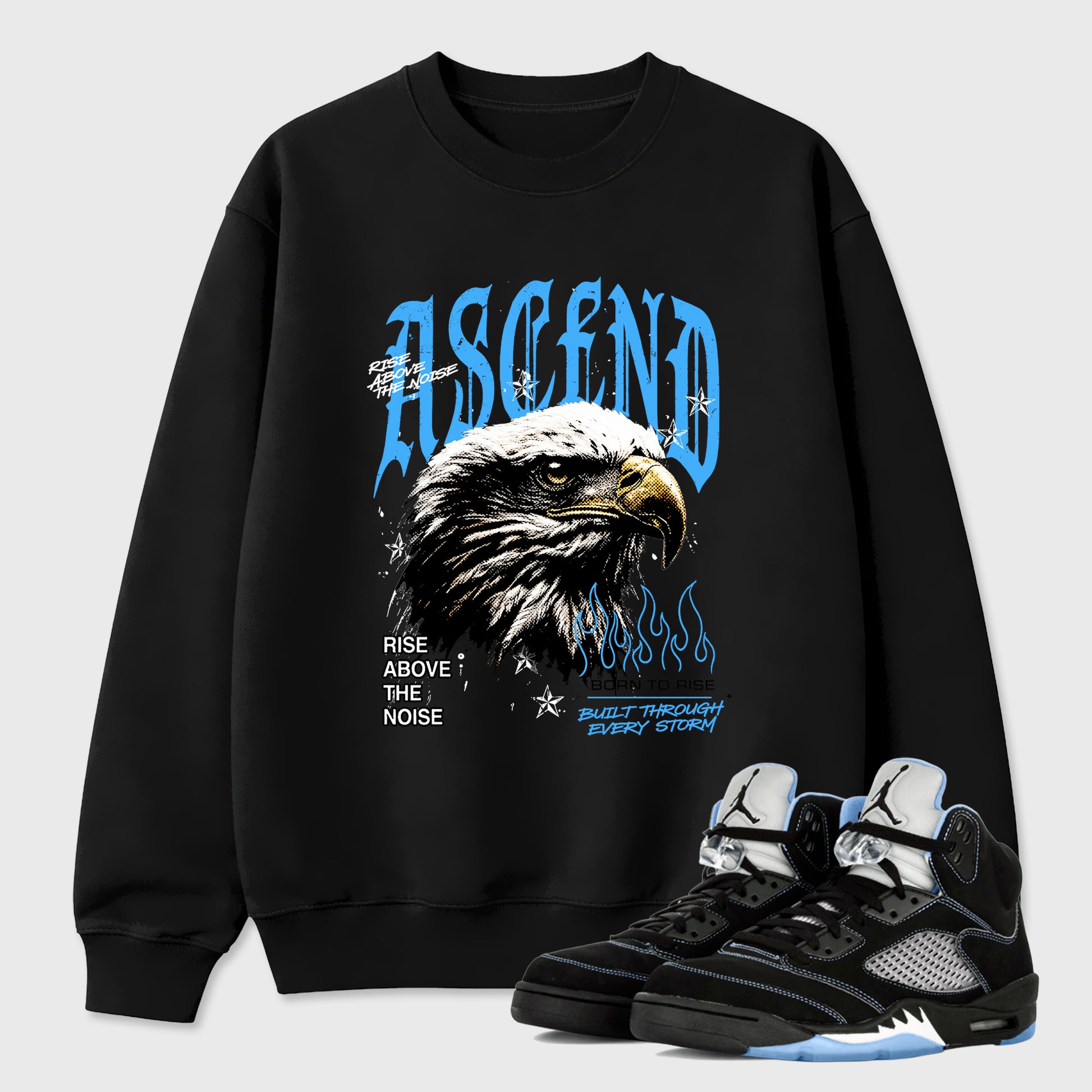 Ascend Beyond Graphic T-Shirt sneaker match tee designed for the Air Jordan 5 Black University Blue, featuring coordinated color options for a perfect streetwear match. Black 1 shirt.