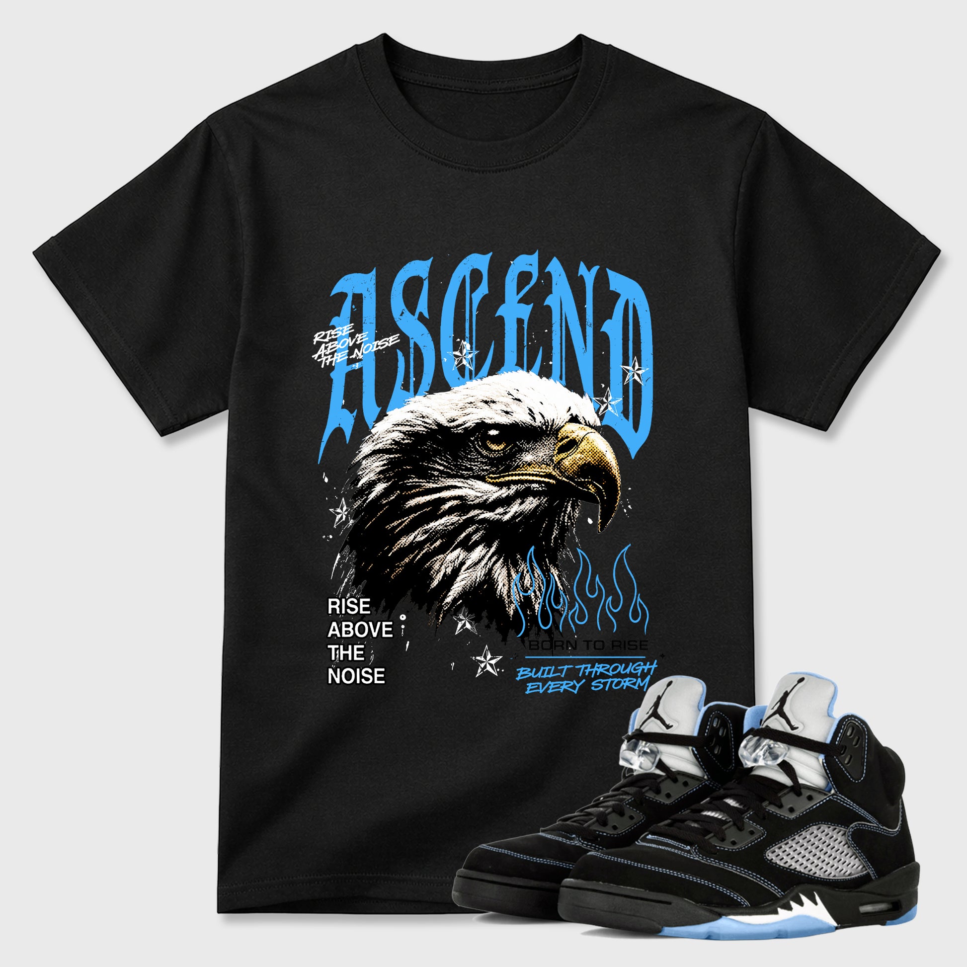 Ascend Beyond Graphic T-Shirt sneaker match tee designed for the Air Jordan 5 Black University Blue, featuring coordinated color options for a perfect streetwear match. Black 1 shirt.