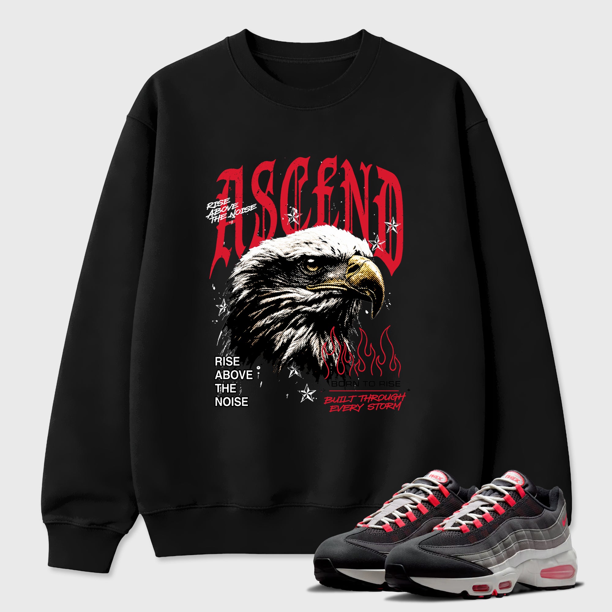 Ascend Beyond Graphic T-Shirt featuring original streetwear artwork designed to match the Air Max 95 Reverse Solar Red. Black 1 Graphic Tee.