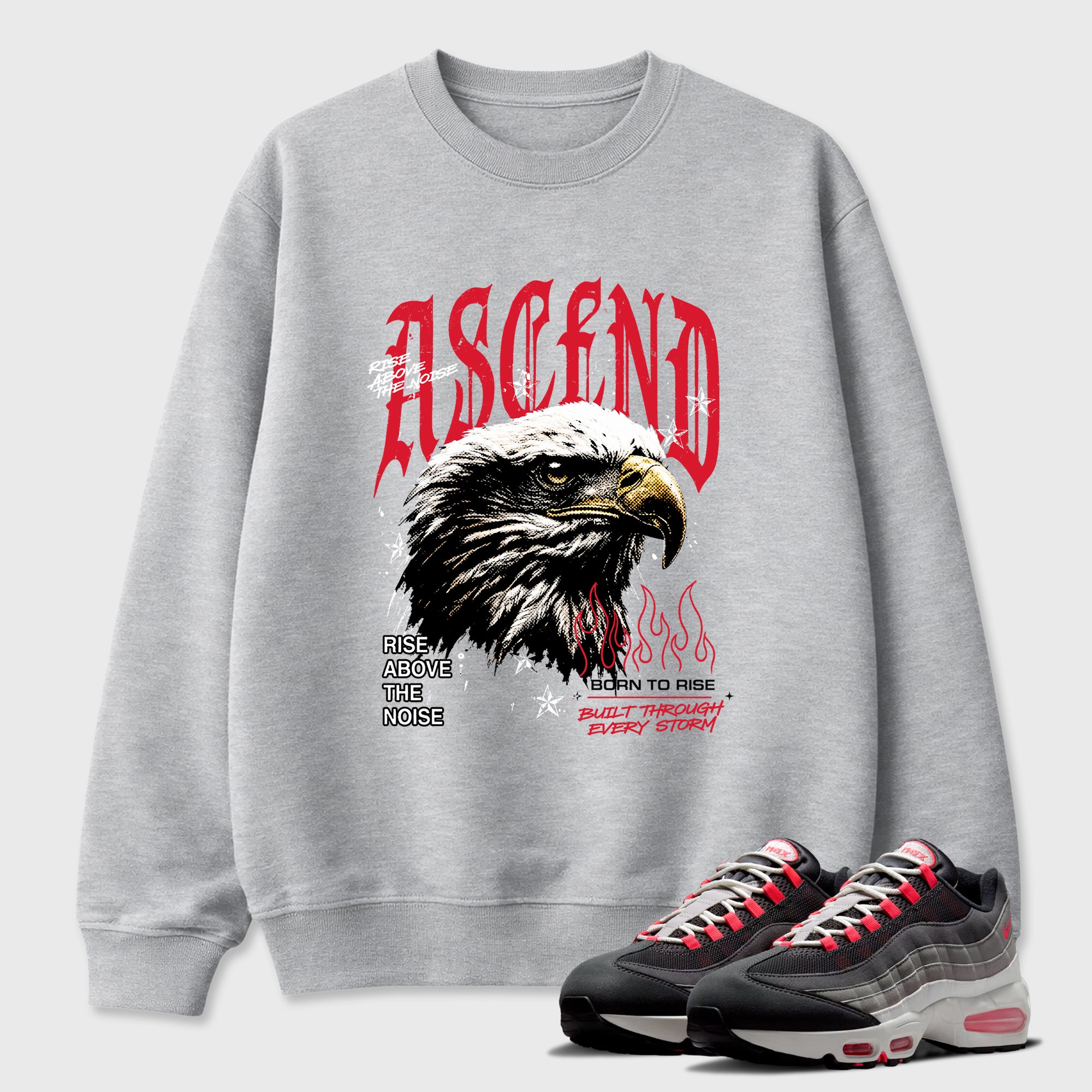 Ascend Beyond Graphic T-Shirt featuring original streetwear artwork designed to match the Air Max 95 Reverse Solar Red. Heather Grey 1 Graphic Tee.