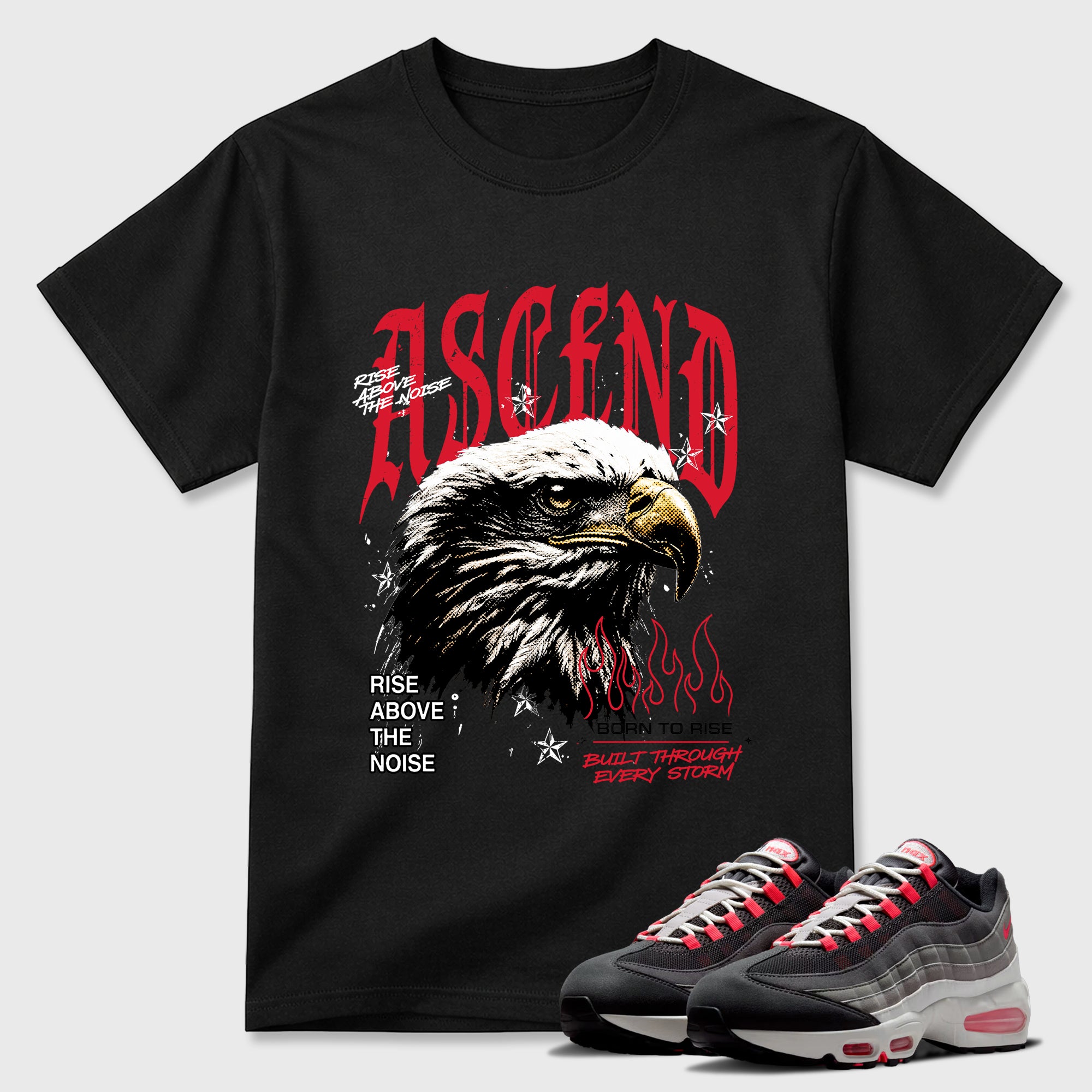 Ascend Beyond Graphic T-Shirt featuring original streetwear artwork designed to match the Air Max 95 Reverse Solar Red. Black 1 Graphic T-Shirt.