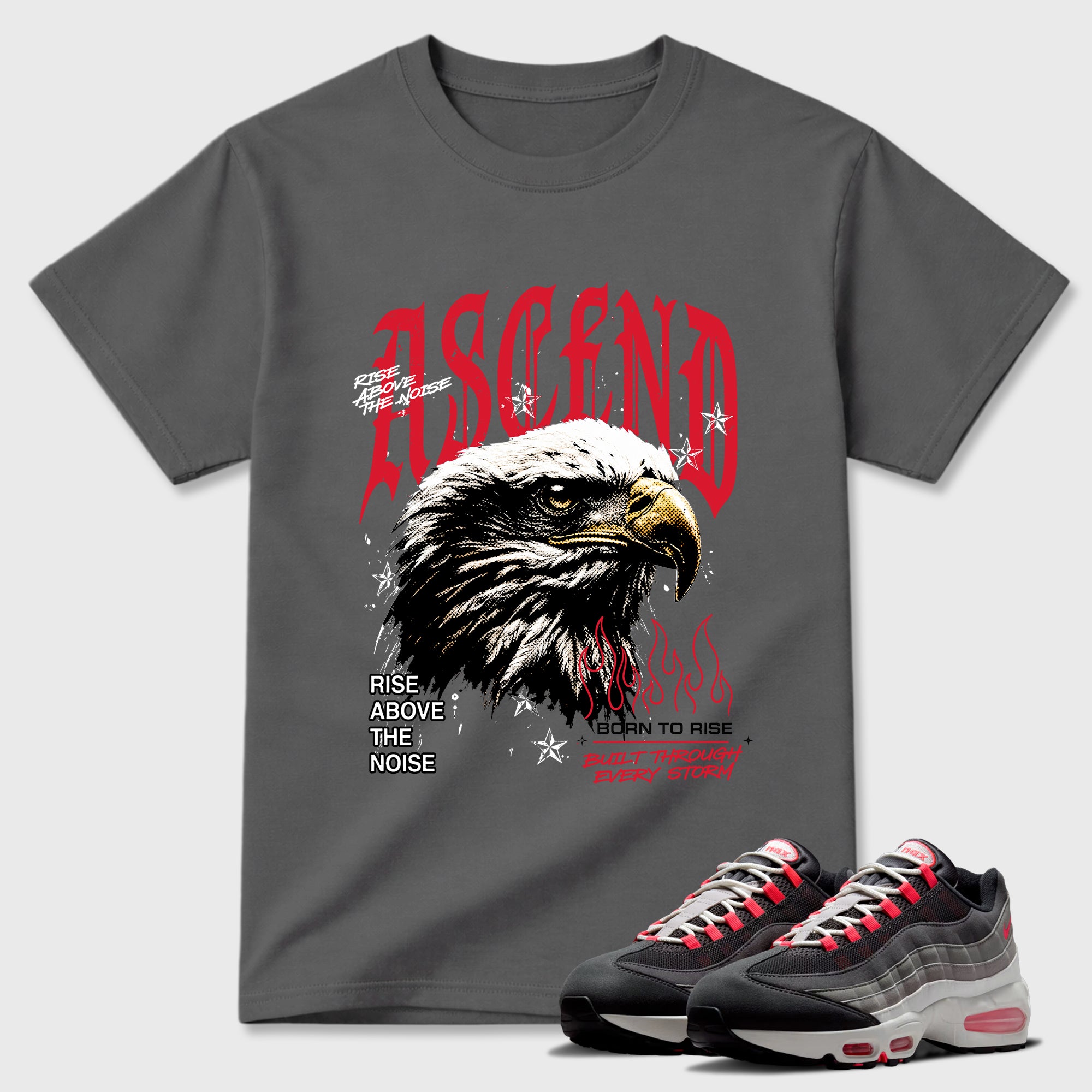 Ascend Beyond Graphic T-Shirt featuring original streetwear artwork designed to match the Air Max 95 Reverse Solar Red. Cool Grey 1 Graphic T-Shirt.