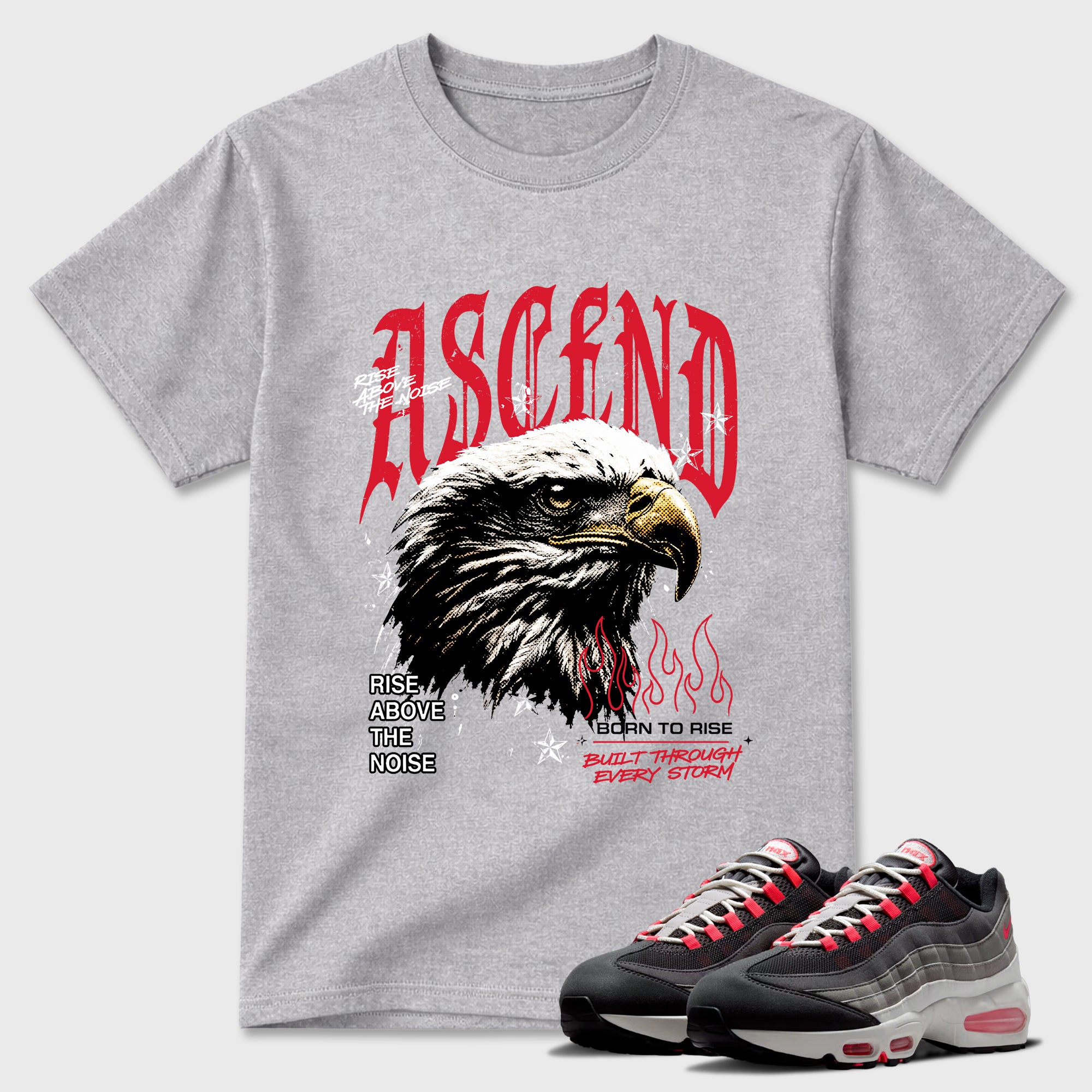 Ascend Beyond Graphic T-Shirt featuring original streetwear artwork designed to match the Air Max 95 Reverse Solar Red. Heather Grey 1 Graphic T-Shirt.