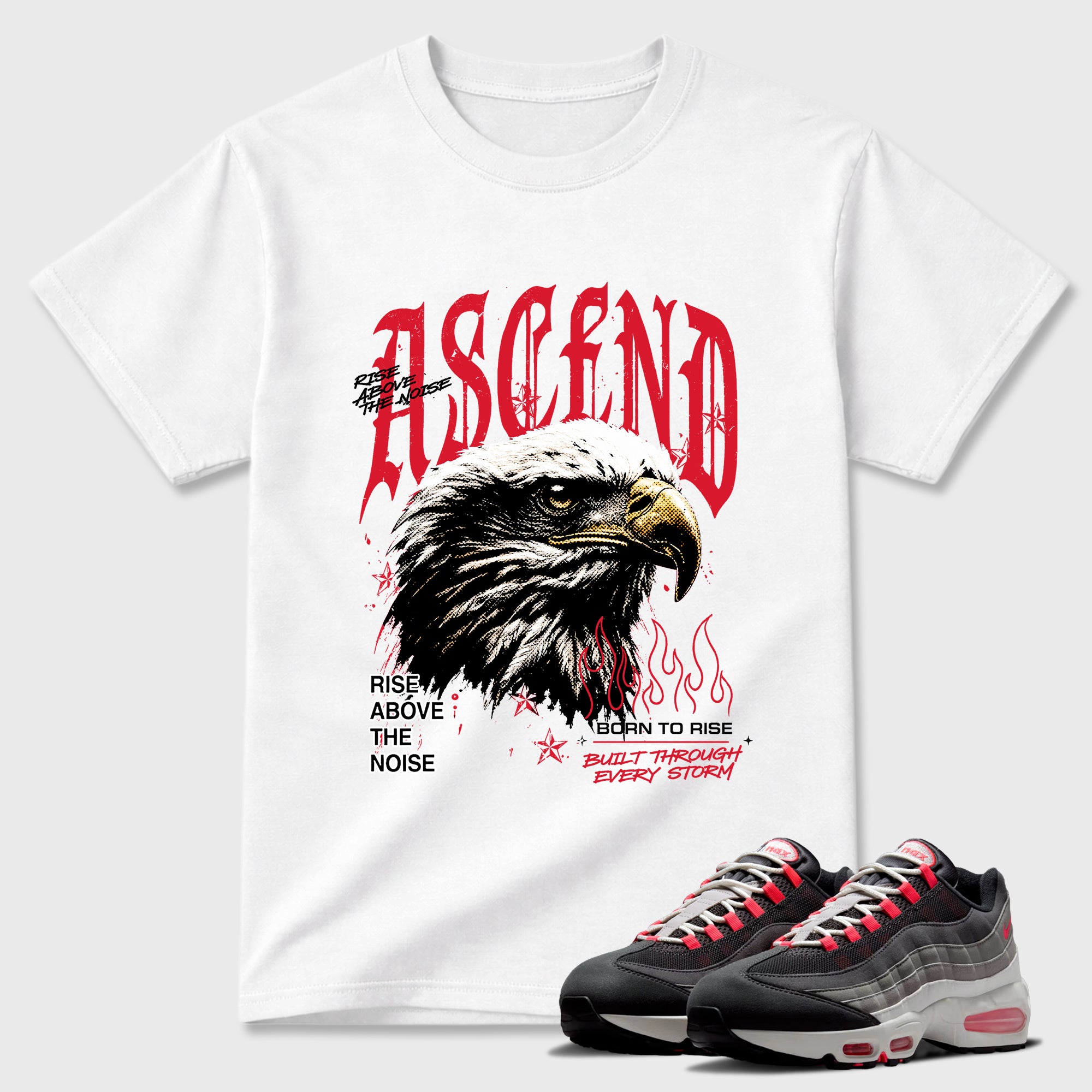 Ascend Beyond Graphic T-Shirt featuring original streetwear artwork designed to match the Air Max 95 Reverse Solar Red. White 1 Graphic T-Shirt.