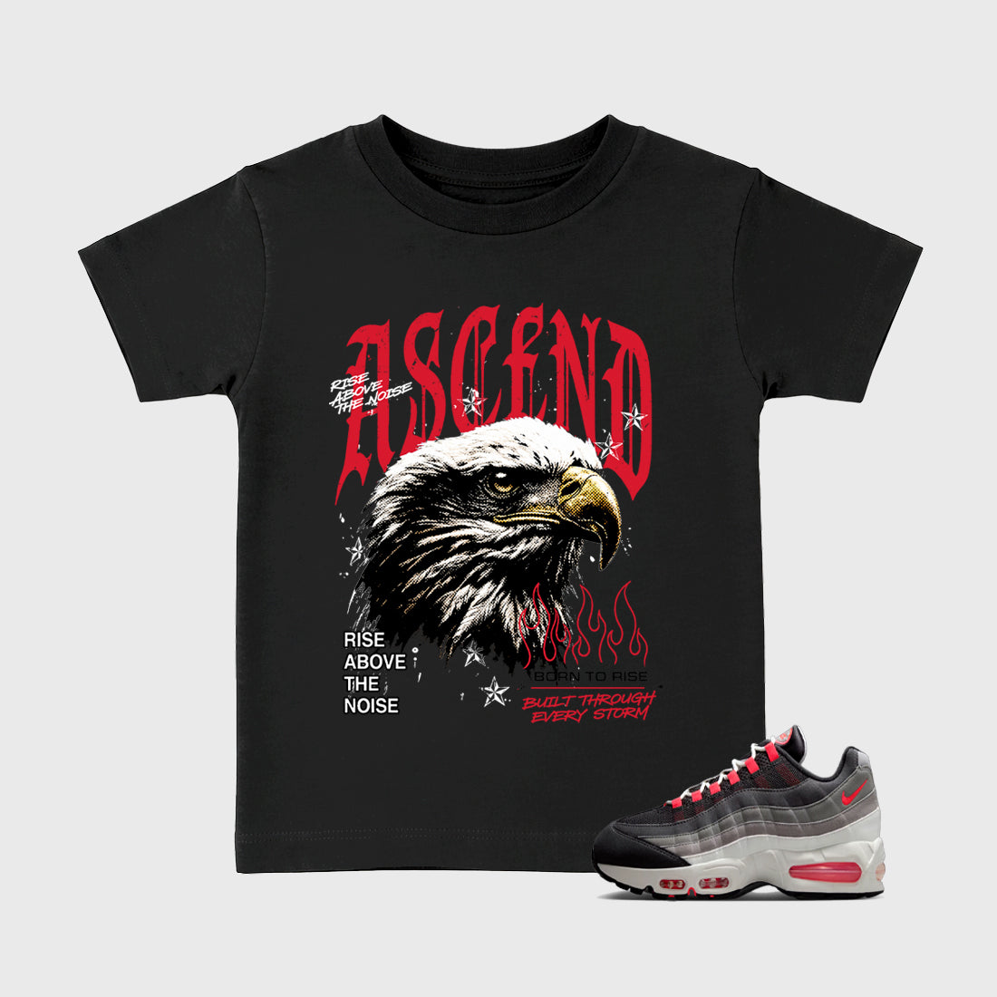 Ascend Beyond Baby & Kids Graphic T-Shirt featuring original artwork designed to match the Air Max 95 Reverse Solar Red. Black 1 Kids Graphic Tee.