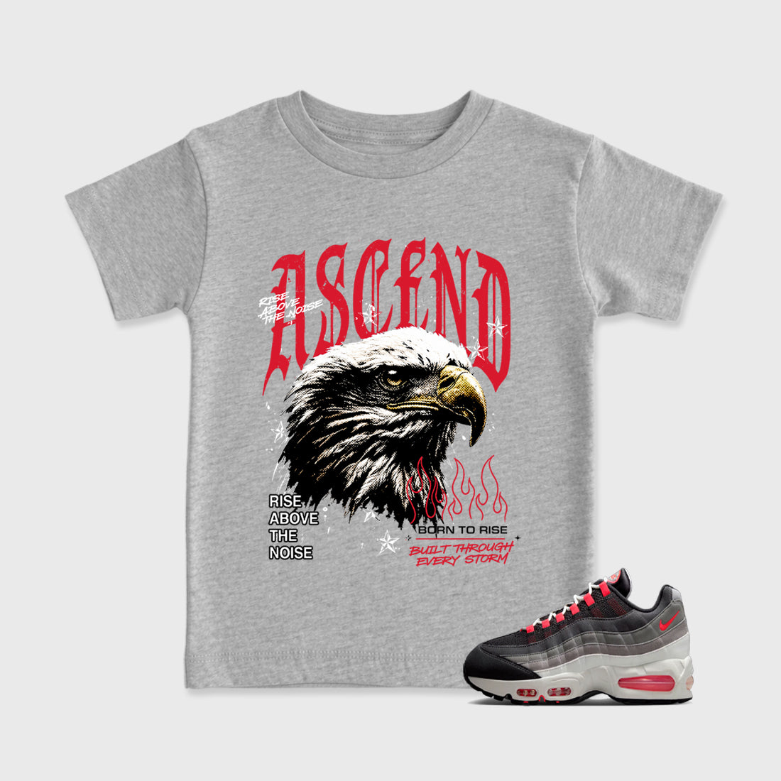 Ascend Beyond Baby & Kids Graphic T-Shirt featuring original artwork designed to match the Air Max 95 Reverse Solar Red. Heather Grey 1 Kids Graphic Tee.
