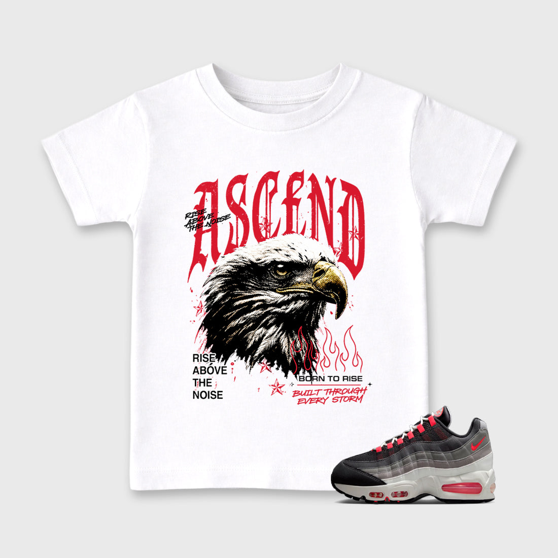 Ascend Beyond Baby & Kids Graphic T-Shirt featuring original artwork designed to match the Air Max 95 Reverse Solar Red. White 1 Kids Graphic Tee.