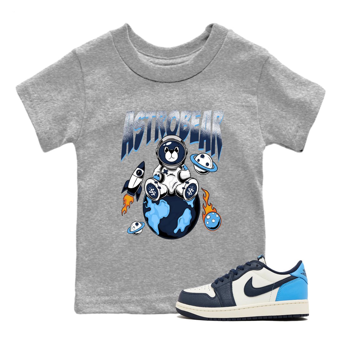 1s Obsidian shirts to match jordans Astrobear shirts to match Jordans AJ1 Retro Low OG Obsidian match shoes to clothes SNRT Sneaker Tees Youth Baby Heather Grey 1 tee
