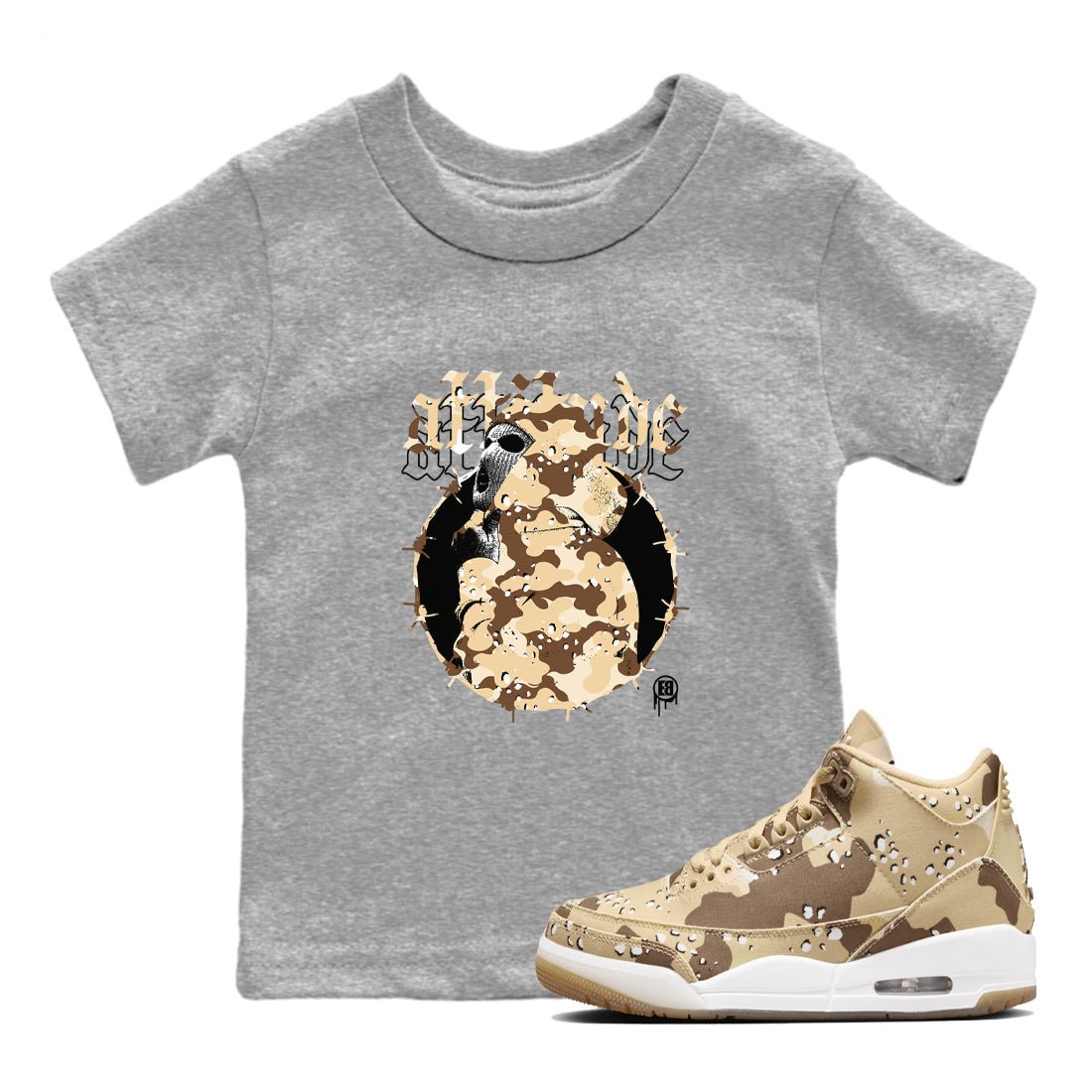 AJ3 Desert Camo shirts to match jordans Attitude sneaker match tees Air Jordan 3 Desert Camo SNRT Sneaker Tees streetwear brand Baby and Youth Heather Grey 1 cotton tee