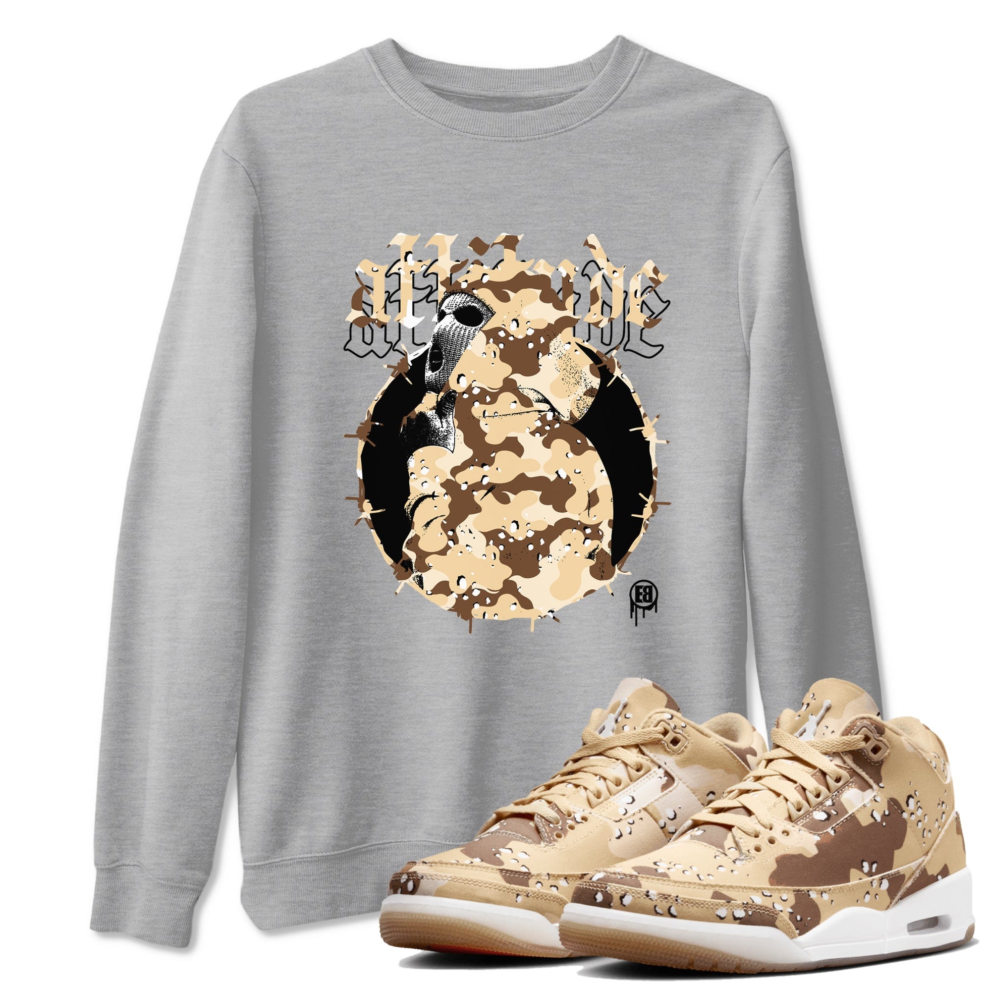 AJ3 Desert Camo shirts to match jordans Attitude sneaker match tees Air Jordan 3 Desert Camo SNRT Sneaker Tees streetwear brand Heather Grey 1 unisex cotton tee