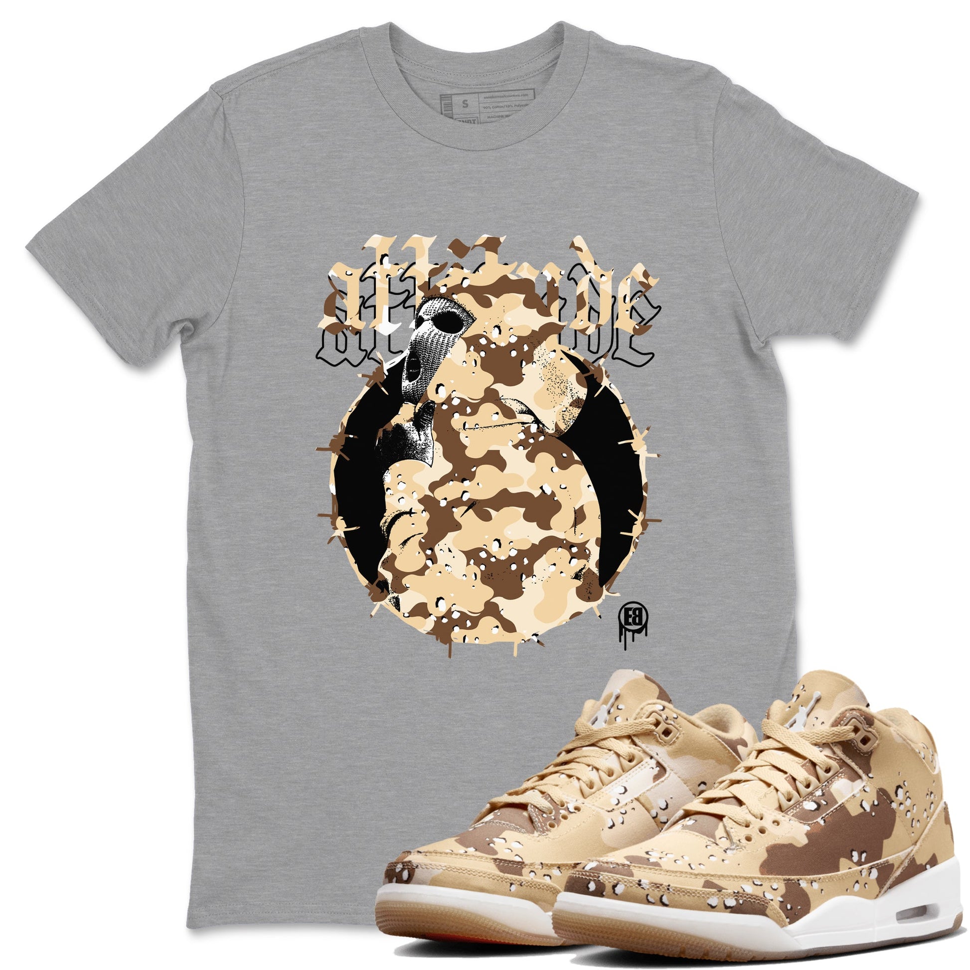 AJ3 Desert Camo shirts to match jordans Attitude sneaker match tees Air Jordan 3 Desert Camo SNRT Sneaker Tees streetwear brand Heather Grey 1 unisex cotton tee