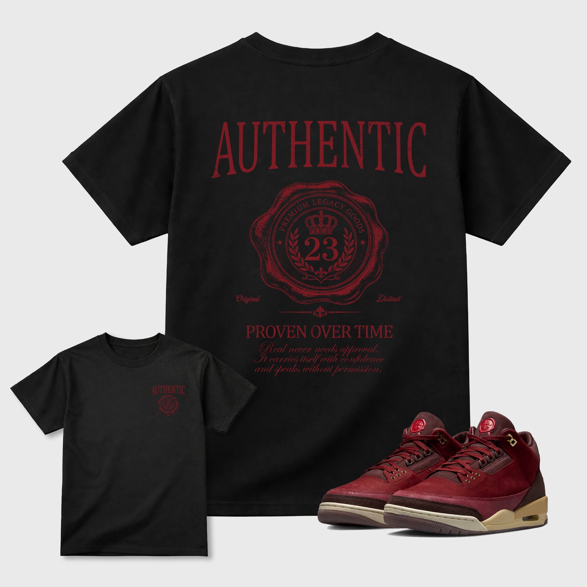 Authentic Graphic T-Shirt sneaker match tee designed for the 3s Burgundy Crush, featuring coordinated color options for a perfect streetwear match. Black shirt.
