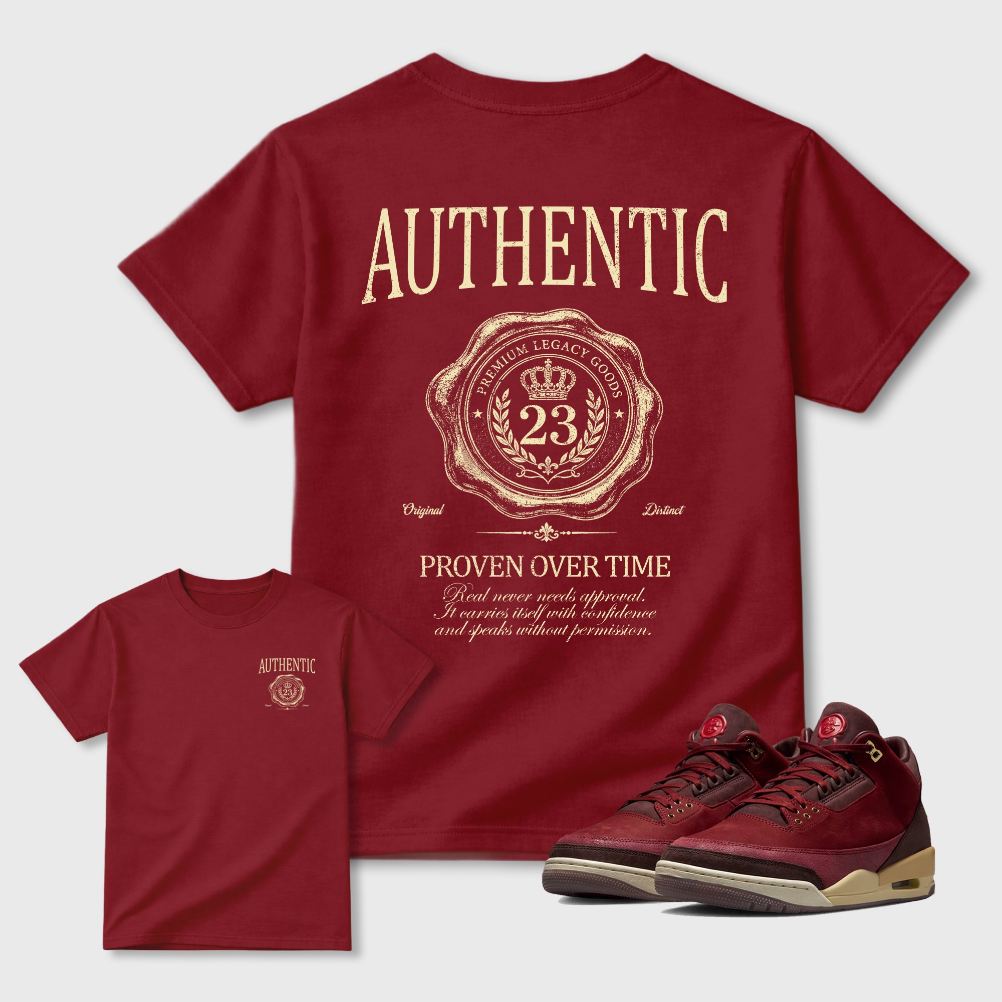 Authentic Graphic T-Shirt sneaker match tee designed for the Air Jordan 3 Bin 23 sneakers, featuring coordinated color options for a perfect streetwear match. Cardinal shirt.