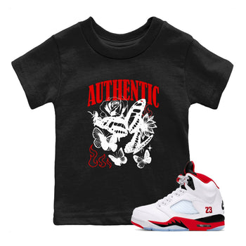 Authentic Flame baby and kids t-shirt crafted for little sneakerheads to shine with the Air Jordan 5 Fire Red sneakers, displayed in Black 1.