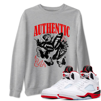 Authentic Flame sneaker match t-shirt styled to complete your fit with the Air Jordan 5 Fire Red sneakers, shown in Heather Grey 1.