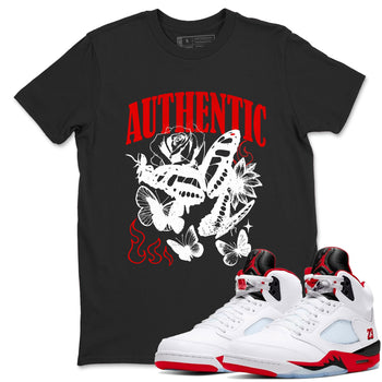 Authentic Flame sneaker match t-shirt styled to complete your fit with the Air Jordan 5 Fire Red sneakers, shown in Black 1.