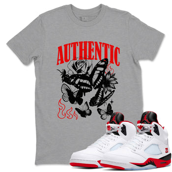 Authentic Flame sneaker match t-shirt styled to complete your fit with the Air Jordan 5 Fire Red sneakers, shown in Heather Grey 1.