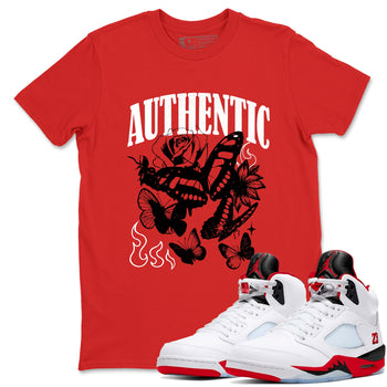Authentic Flame sneaker match t-shirt styled to complete your fit with the Air Jordan 5 Fire Red sneakers, shown in Red 1.