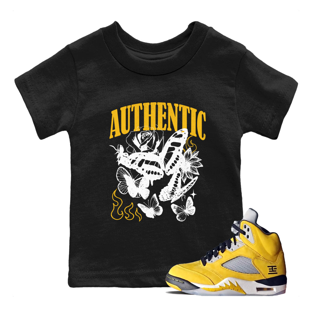 Sneaker match tees – Sneaker Tees To Match Jordan 5 Varsity Maize and Wolf Grey Shoes – Authentic Flame Kids T-Shirt Black 1