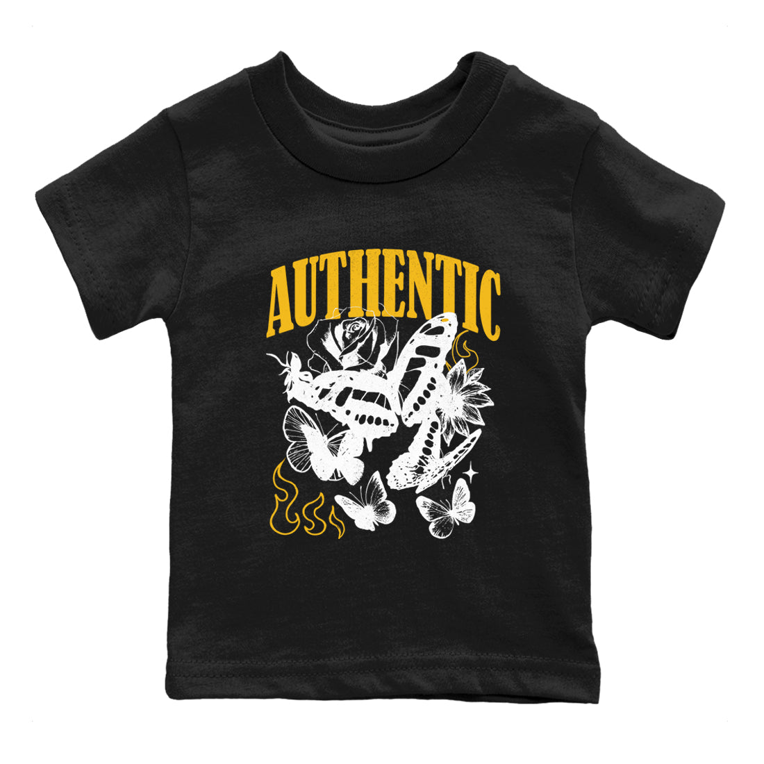 Sneaker match tees – Sneaker Tees To Match Jordan 5 Varsity Maize and Wolf Grey Shoes – Authentic Flame Kids T-Shirt Black 2