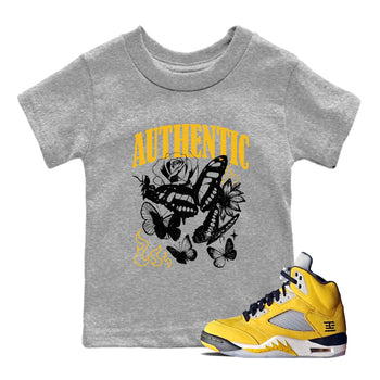 Sneaker match tees – Sneaker Tees To Match Jordan 5 Varsity Maize and Wolf Grey Shoes – Authentic Flame Kids T-Shirt Heather Grey 1