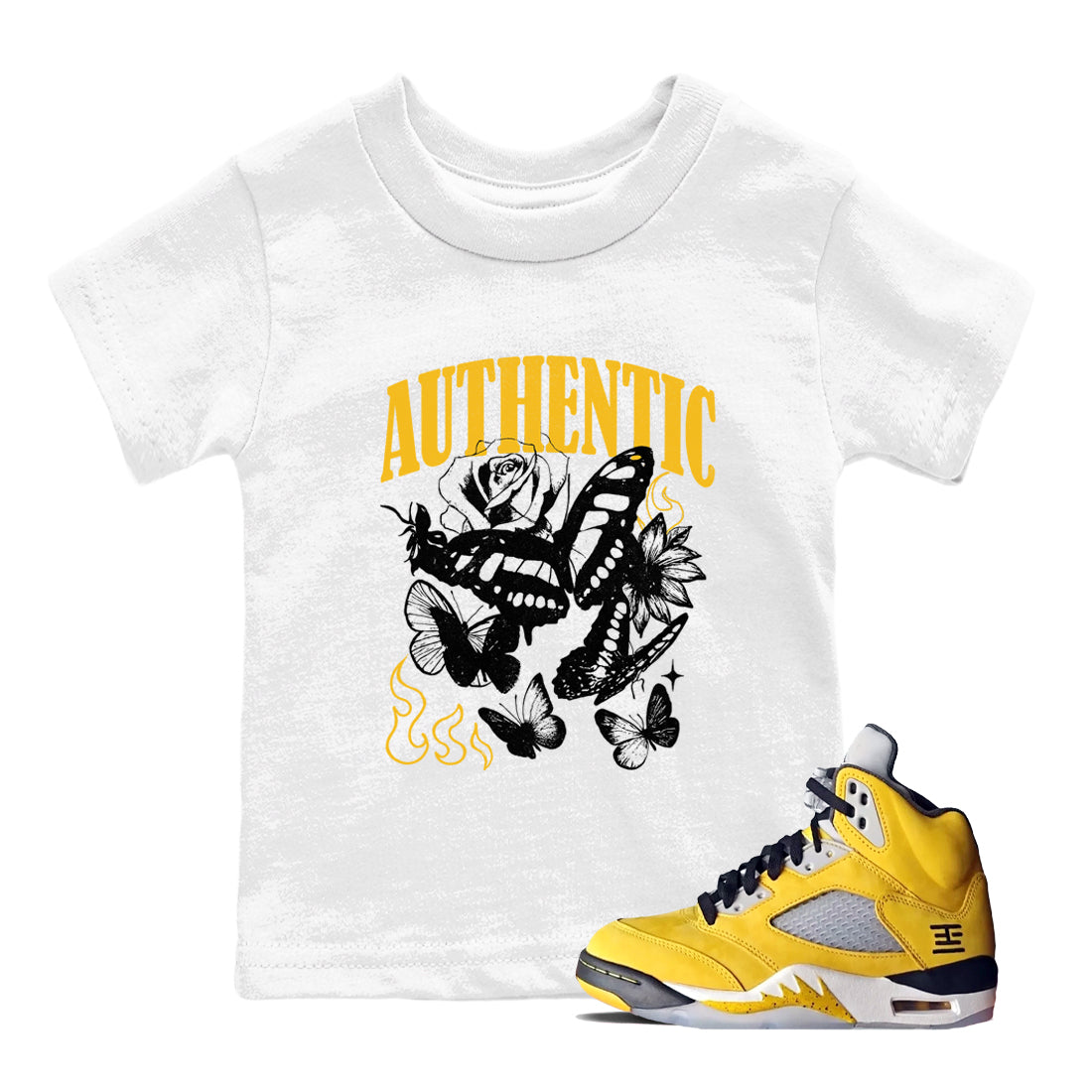 Sneaker match tees – Sneaker Tees To Match Jordan 5 Varsity Maize and Wolf Grey Shoes – Authentic Flame Kids T-Shirt White 1