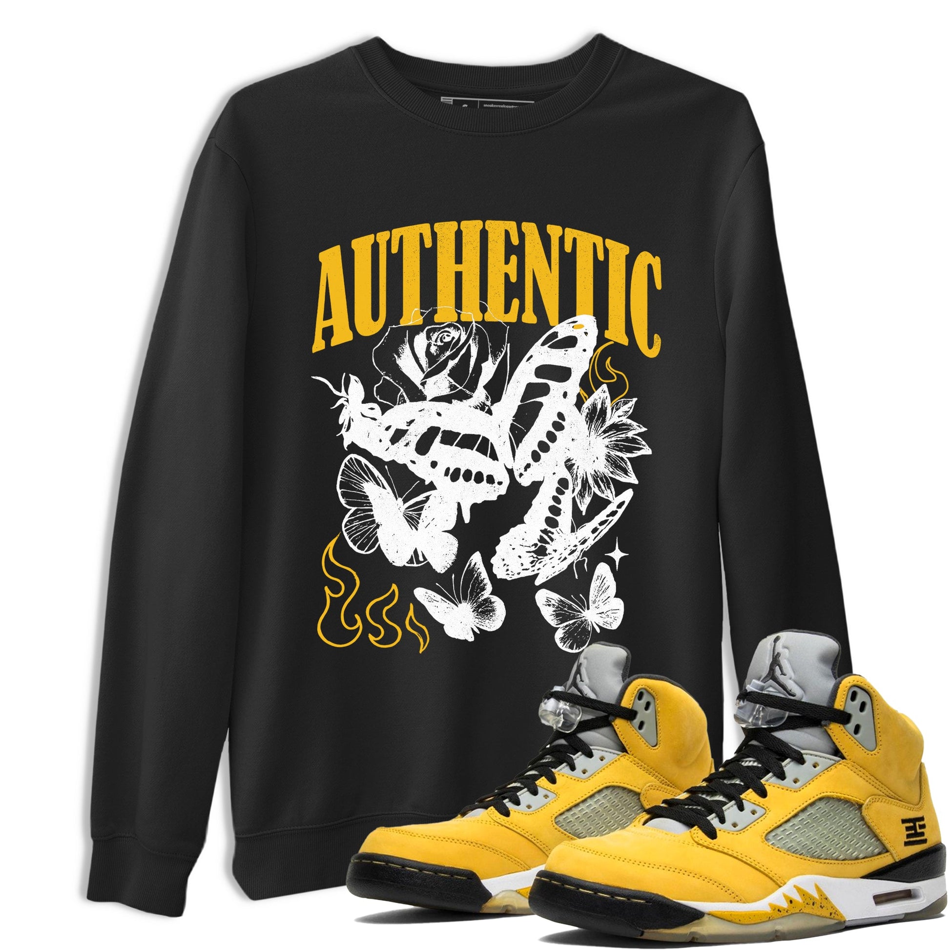 Sneaker match tees – Sneaker Tees To Match Jordan 5 Varsity Maize and Wolf Grey Shoes – Authentic Flame Tee Black 1