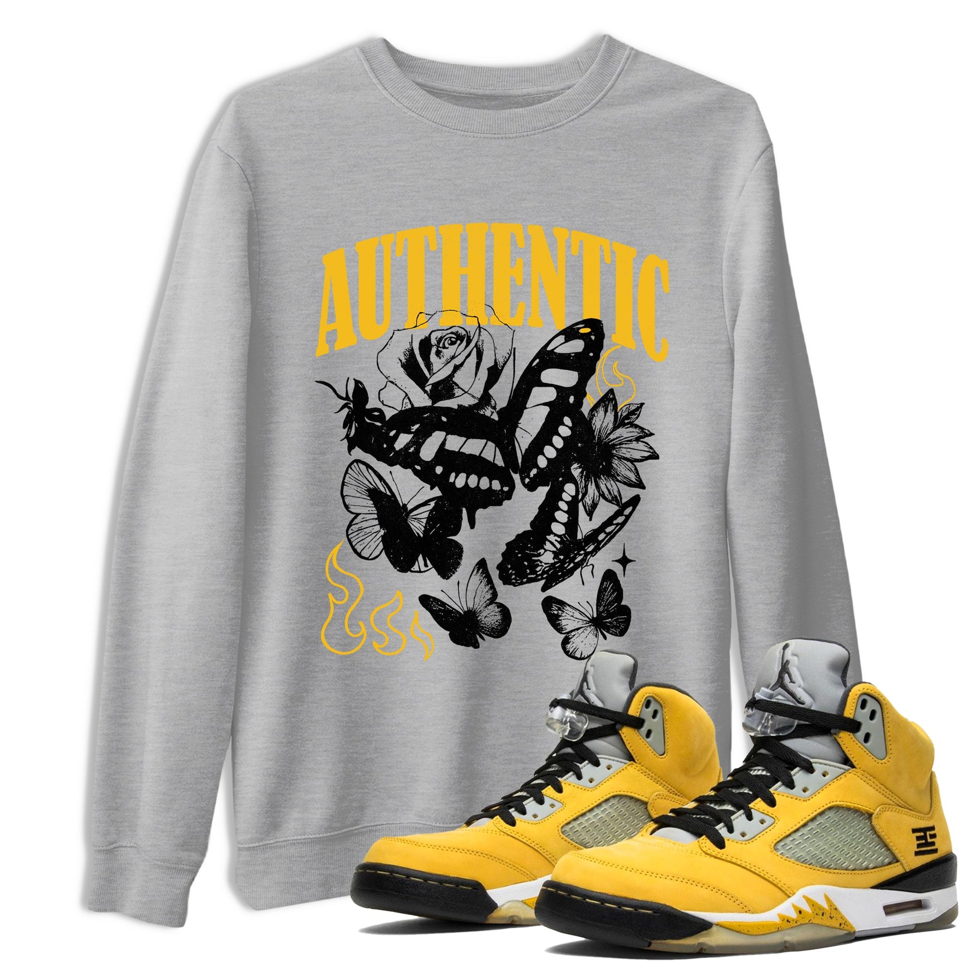 Sneaker match tees – Sneaker Tees To Match Jordan 5 Varsity Maize and Wolf Grey Shoes – Authentic Flame Tee Heather Grey 1