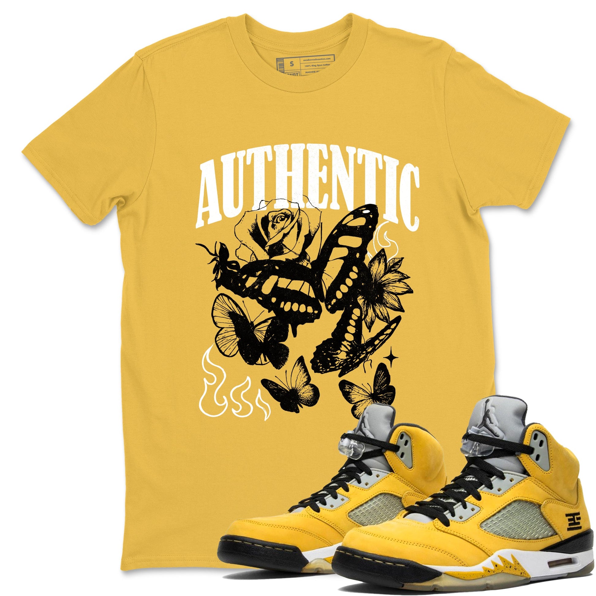 Sneaker match tees – Sneaker Tees To Match Jordan 5 Varsity Maize and Wolf Grey Shoes – Authentic Flame Tee Daisy 1